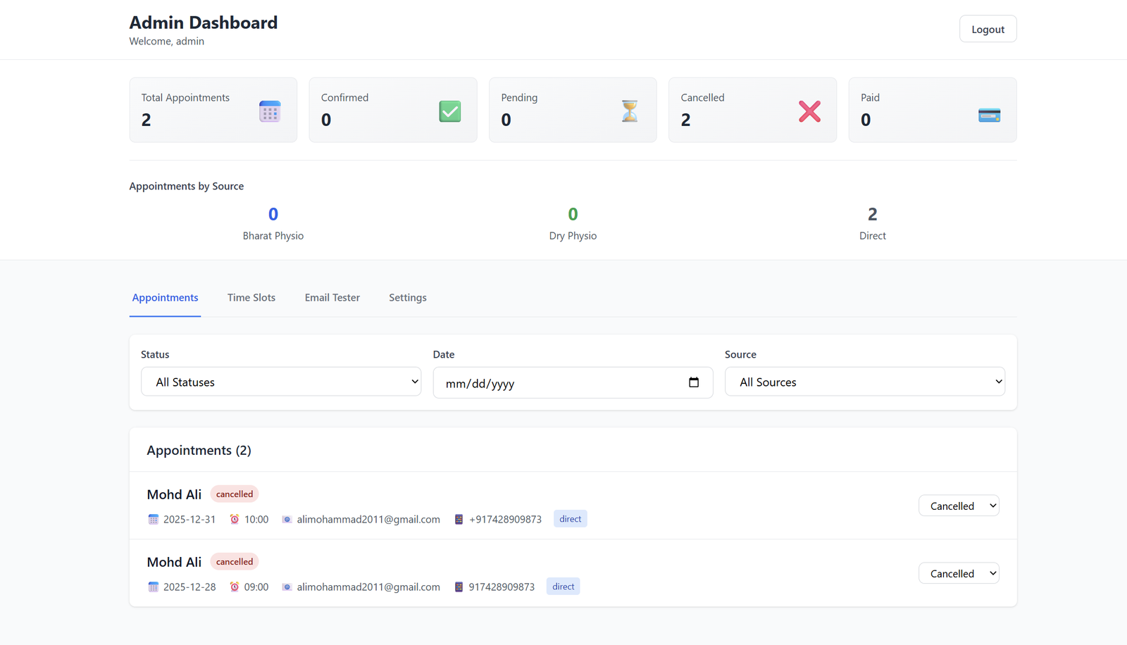 Admin panel for managing patients, appointments, and clinic operations