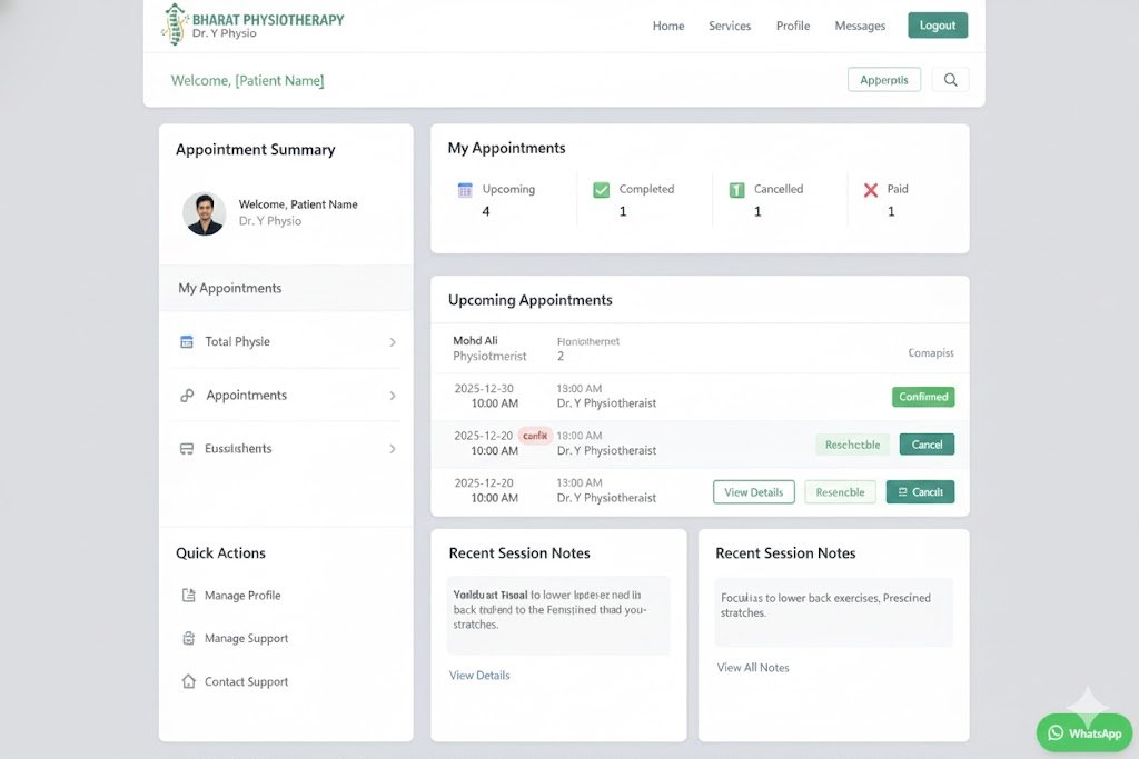 Patient dashboard showing appointment history, prescriptions, and session recordings