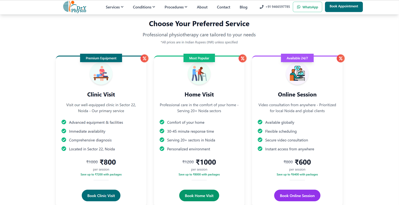 Dr. Y Physio services page showing clinic visit, home visit, and online session options with pricing